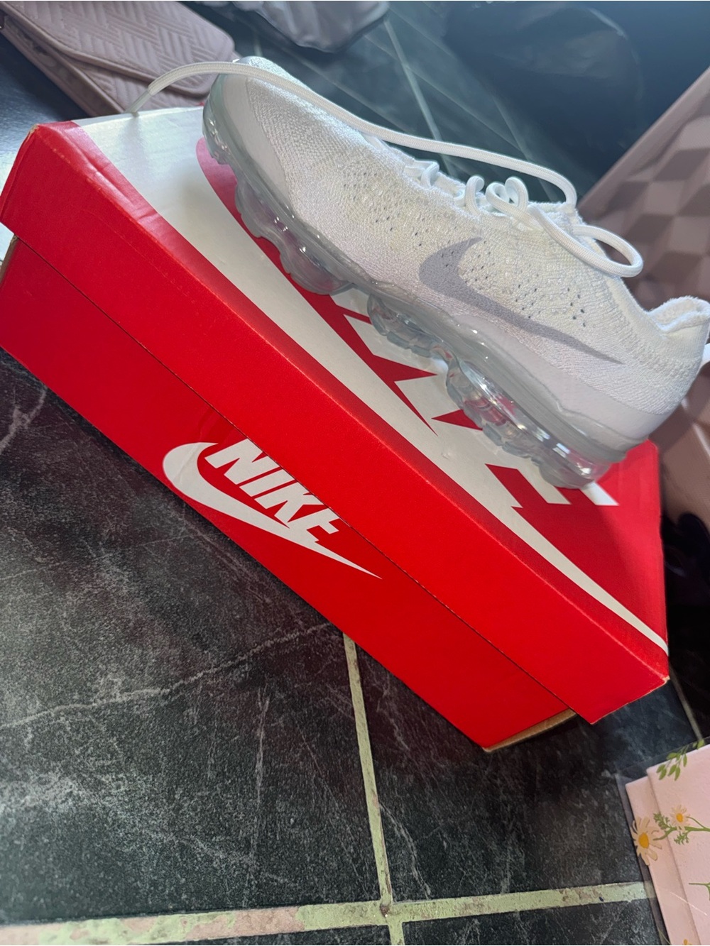Nike White and Silver VaporMax Flyknit Sneakers